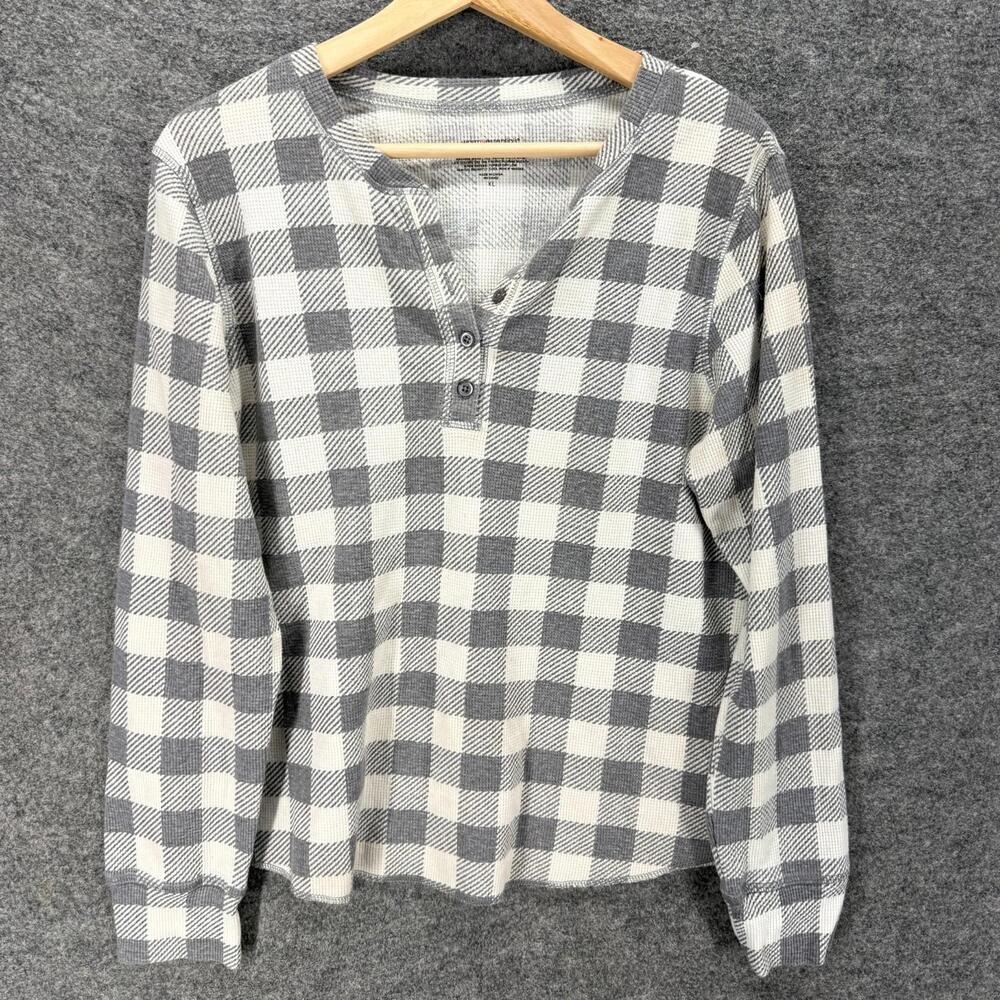 Warm Essentials T-Shirt Women XL Gray Plaid Button V-Neck Long Sleeve Cotton